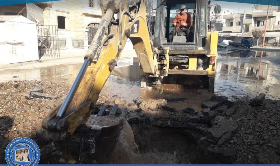 إصلاح كسر في خط مياه ضمن حي ابن خلدون ومواصلة تنفيذ مشروع في سهلة البنات